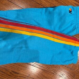 Aviator Nation Kids Blue Joggers with Rainbow Stripes